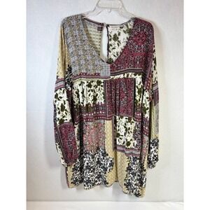 Velzera Tunic Top Women Large Multicolor Rayon Boho Floral Patchwork Blouse